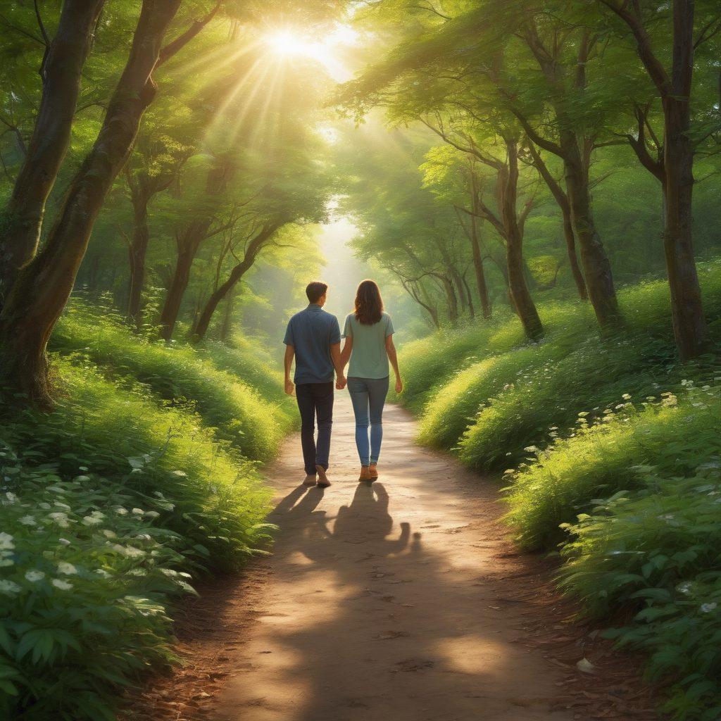 A serene scene depicting a couple walking hand-in-hand through a lush green forest, symbolizing the journey of love and resilience. In the background, a winding path leads towards a bright horizon, representing hope and growth. Soft sunlight filters through the leaves, casting a warm glow on their faces, with hints of blossoming flowers along the path for added vibrancy. Subtle icons of heart and strength interspersed in the foliage symbolize romance and resilience. super-realistic. vibrant colors. soft focus.