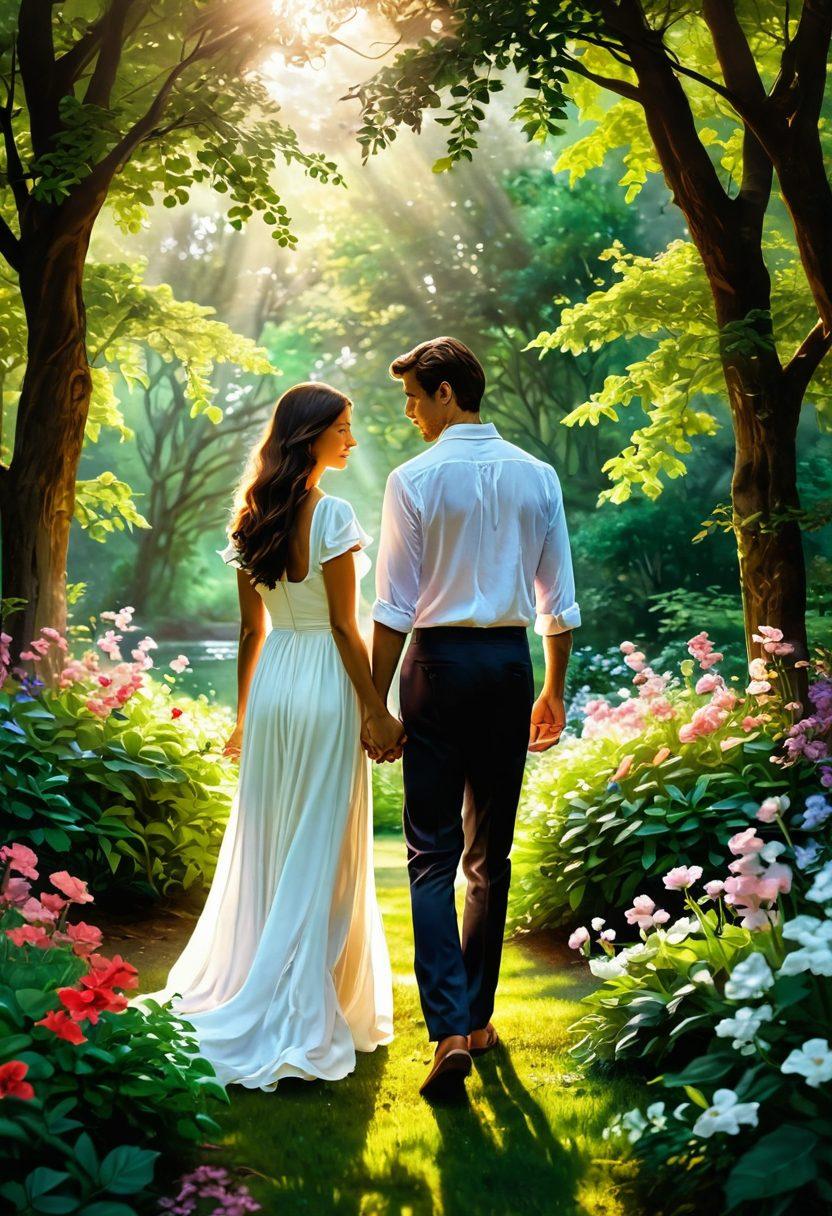 A serene scene of a couple holding hands, surrounded by lush greenery and blooming flowers, symbolizing emotional growth. In the background, a soft sunlight breaks through the trees, creating a warm glow that signifies lasting love and connection. Gentle waves of color represent emotional wellbeing, intertwining around them like whispers of positivity. romantic, super-realistic, vibrant colors, soft focus.